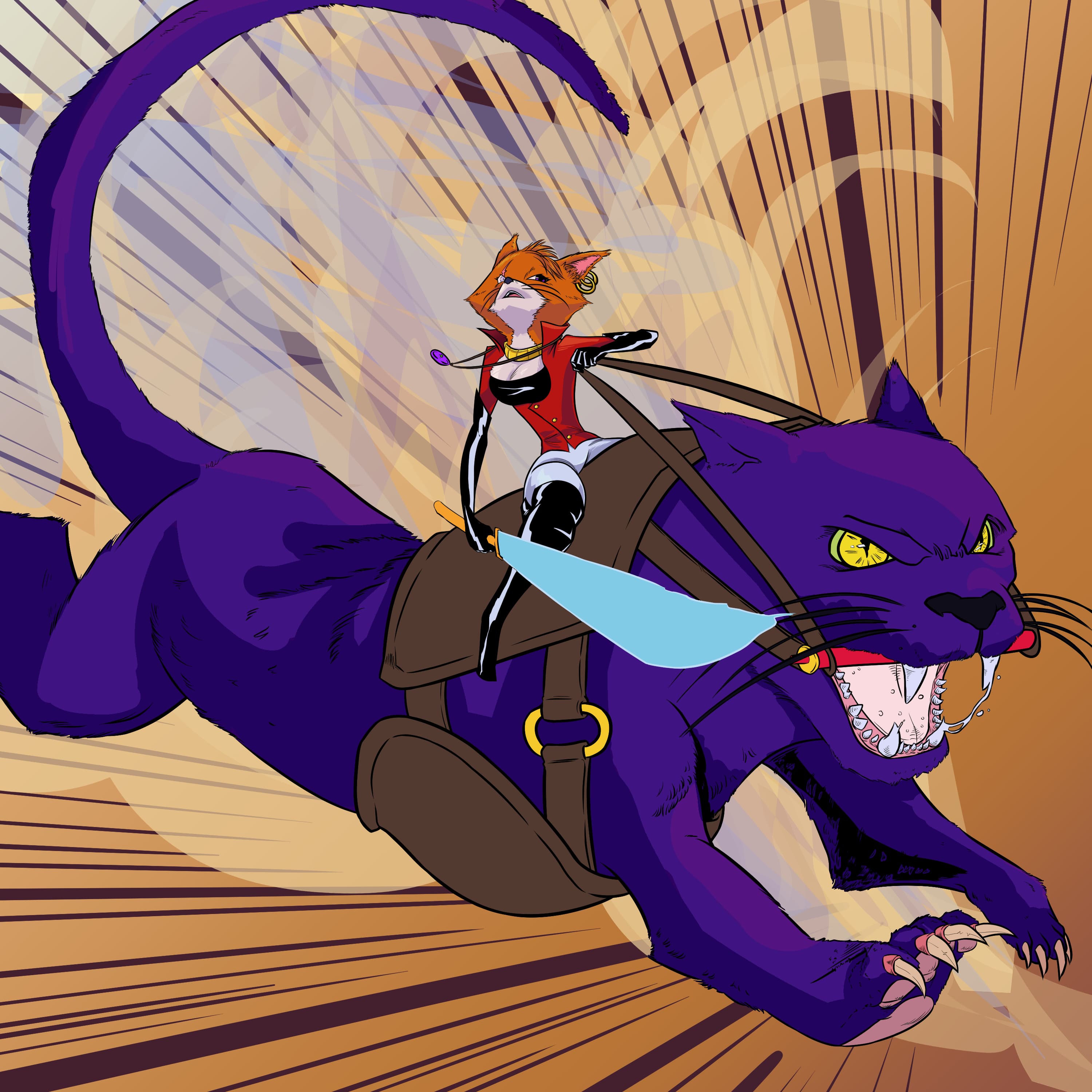 A fox-warrior, hunting atop a purple panther